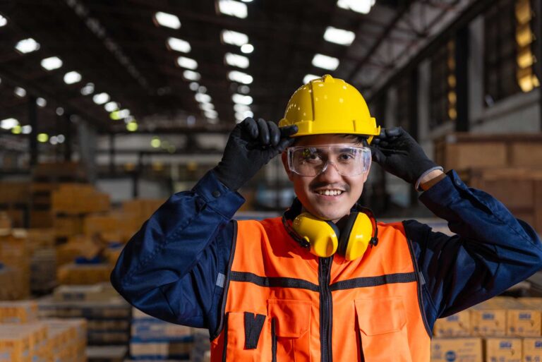 Mann Schutzhelm Helm Weste Gehörschutz Schutzbrille PSA Handschuhe